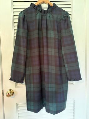 J. Crew Navy and Dark Green Plaid Ruffle-Neck Dress